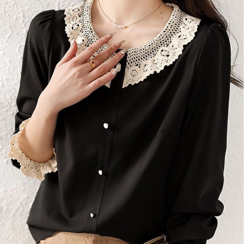 Winter Clothing Vintage - เสื้อผ้าผู้หญิง เสื้อเบลาส์ลายต่อผ้าสไตล์หรูหรา สำหรับฤดูใบไม้ผลิและฤดูใบไม้ร่วง แขนยาว แต่งผ้าลูกไม้ เสื้อทรงหลวม