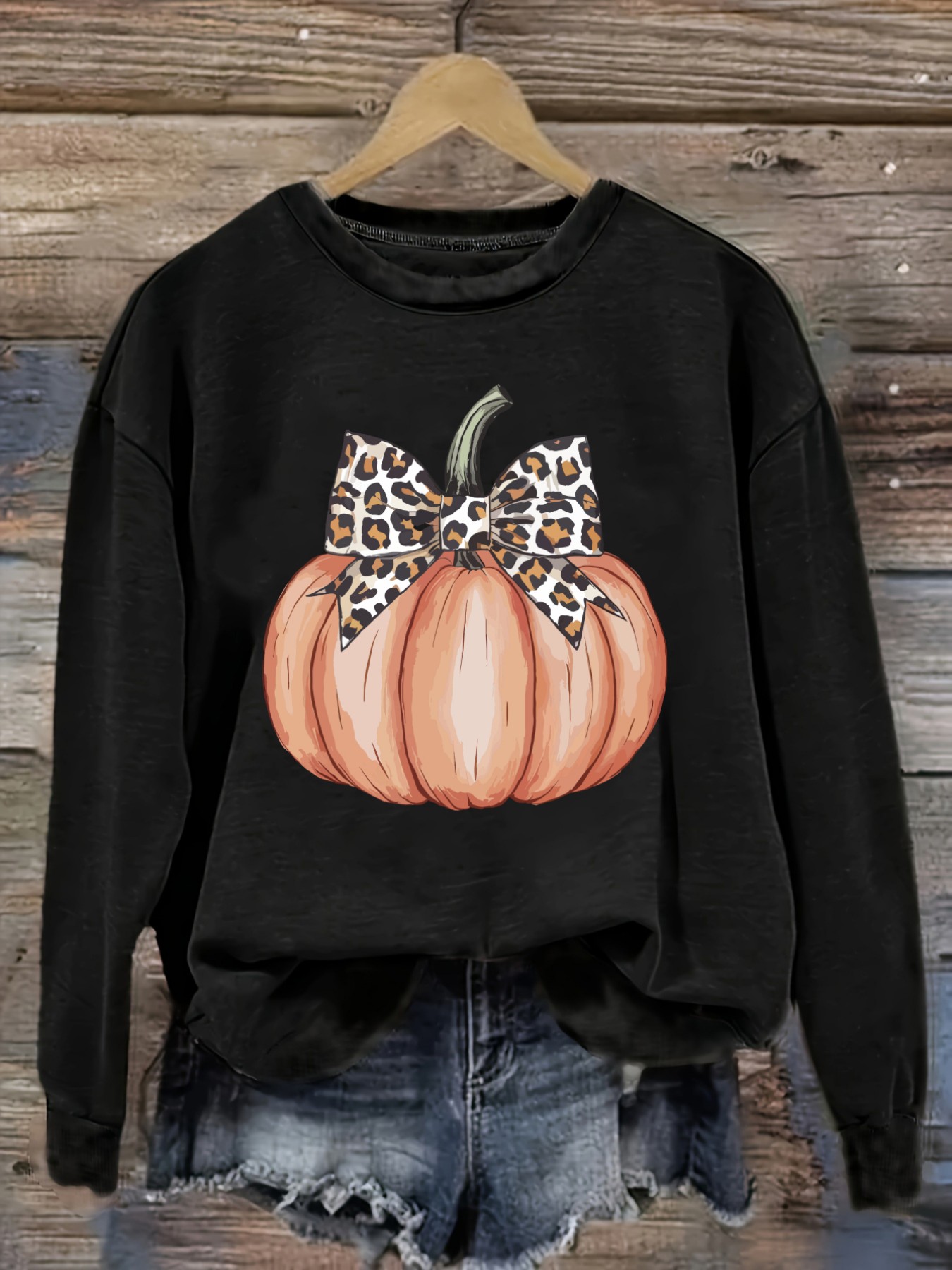 Winter Clothing For - เสื้อยืดแขนยาวคอกลมลำลองสำหรับผู้หญิง ลายพิมพ์ฟักทองพร้อมโบว์ลายเสือดาว เสื้อผ้าผู้หญิงคอกลม ซักเครื่องได้ ยืดหยุ่นเล็กน้อย ทรงหลวม