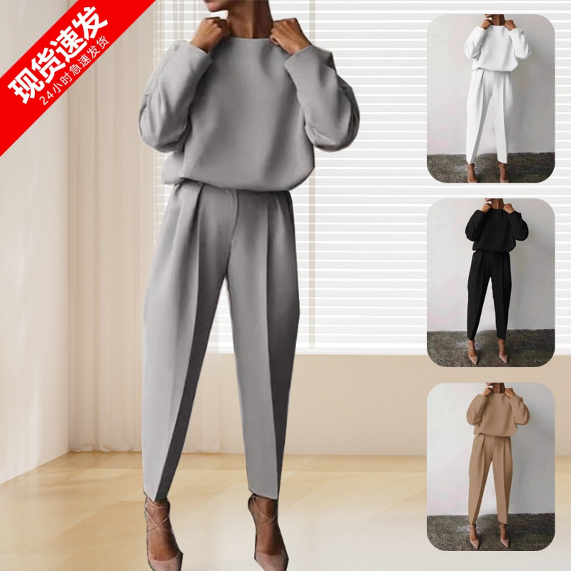 Winter Clothing Amazon - ชุดเซ็ตสองชิ้นลำลองแขนยาวสีพื้นสำหรับผู้หญิง ขายดีในต่างประเทศบน Amazon เหมาะสำหรับฤดูใบไม้ร่วงและฤดูหนาว