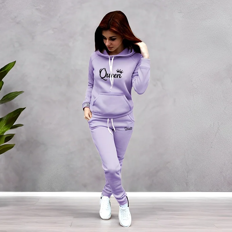Winter Clothing For - ชุดวอร์มผู้หญิง พิมพ์ลายตัวอักษร Queen เสื้อฮู้ดคุณภาพสูง ชุดออกกำลังกาย แฟชั่นลำลอง