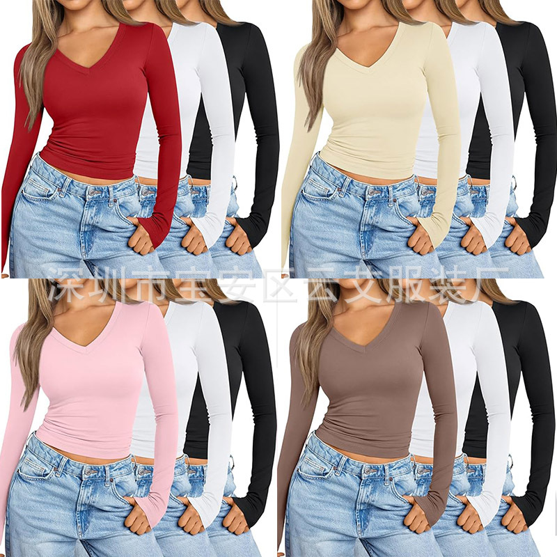Winter Clothing Amazon - ฤดูใบไม้ร่วงและฤดูหนาวอเมซอนเสื้อผ้าผู้หญิงใหม่เสื้อยืดคอวีแขนยาวทรงเข้ารูปพอดีตัวอเนกประสงค์เสื้อยืดผู้หญิง Cw69416