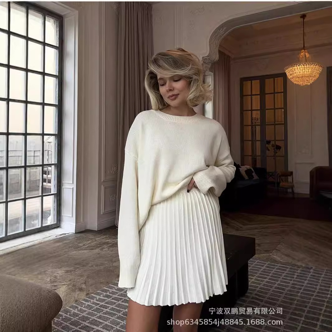 Winter Clothing For - ฤดูใบไม้ร่วงสีทึบO-คอเสื้อกันหนาวชุดเสื้อผ้าสตรี2024ใหม่แขนยาวFishionสไตล์หลวมถักชุดกระโปรงสั้น