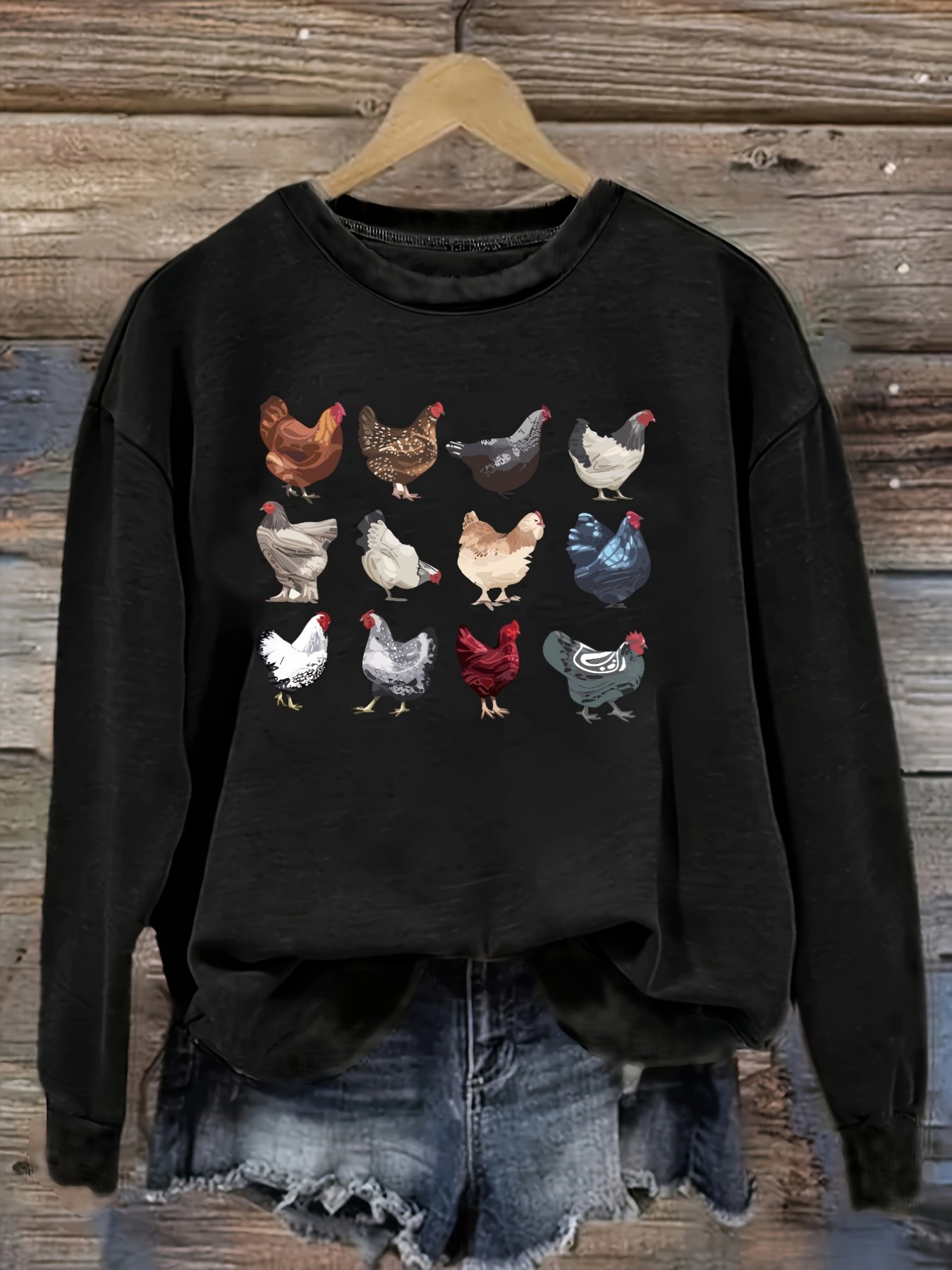 Winter Clothing For - เสื้อยืดแขนยาวคอกลมลำลองสำหรับผู้หญิง ลายพิมพ์ภาพประกอบสายพันธุ์ไก่หลากสี เสื้อผ้าผู้หญิงคอกลม ซักเครื่องได้ ยืดหยุ่นเล็กน้อย ทรงหลวม
