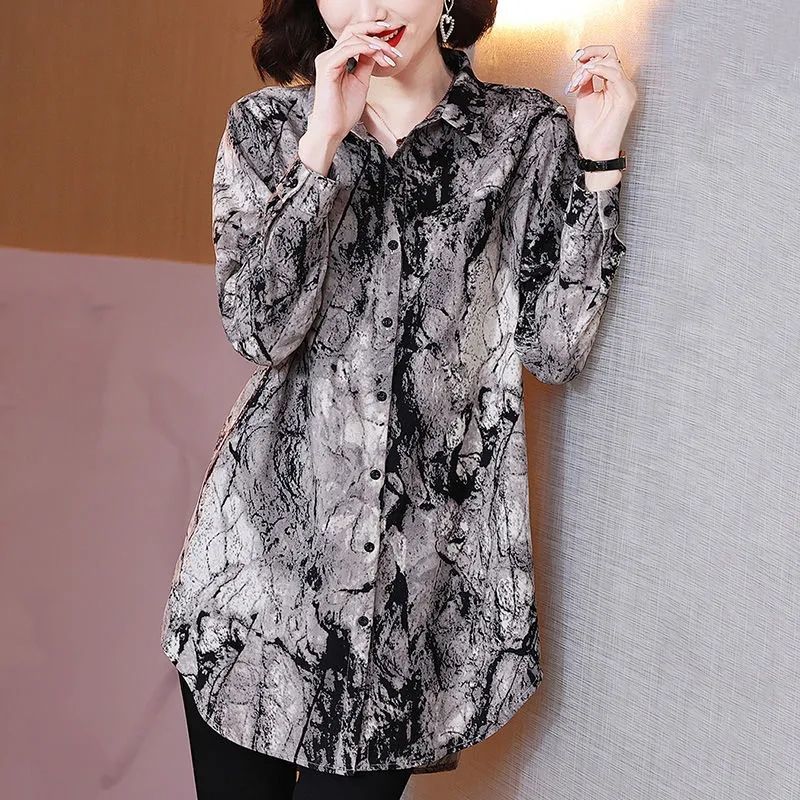 Winter Clothing Vintage - เสื้อเชิ้ตโอเวอร์ไซส์พิมพ์ลายวินเทจ ติดกระดุมที่ปกเสื้อ เสื้อผ้าผู้หญิง ฤดูใบไม้ร่วง ใหม่ เสื้อลำลอง
