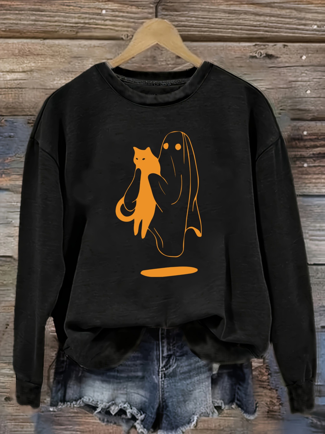 Winter Clothing For - เสื้อยืดแขนยาวคอกลมลำลองสำหรับผู้หญิง ลายพิมพ์แมวถือผีสีส้ม เสื้อผ้าผู้หญิงคอกลม ซักเครื่องได้ ยืดหยุ่นเล็กน้อย ทรงหลวม
