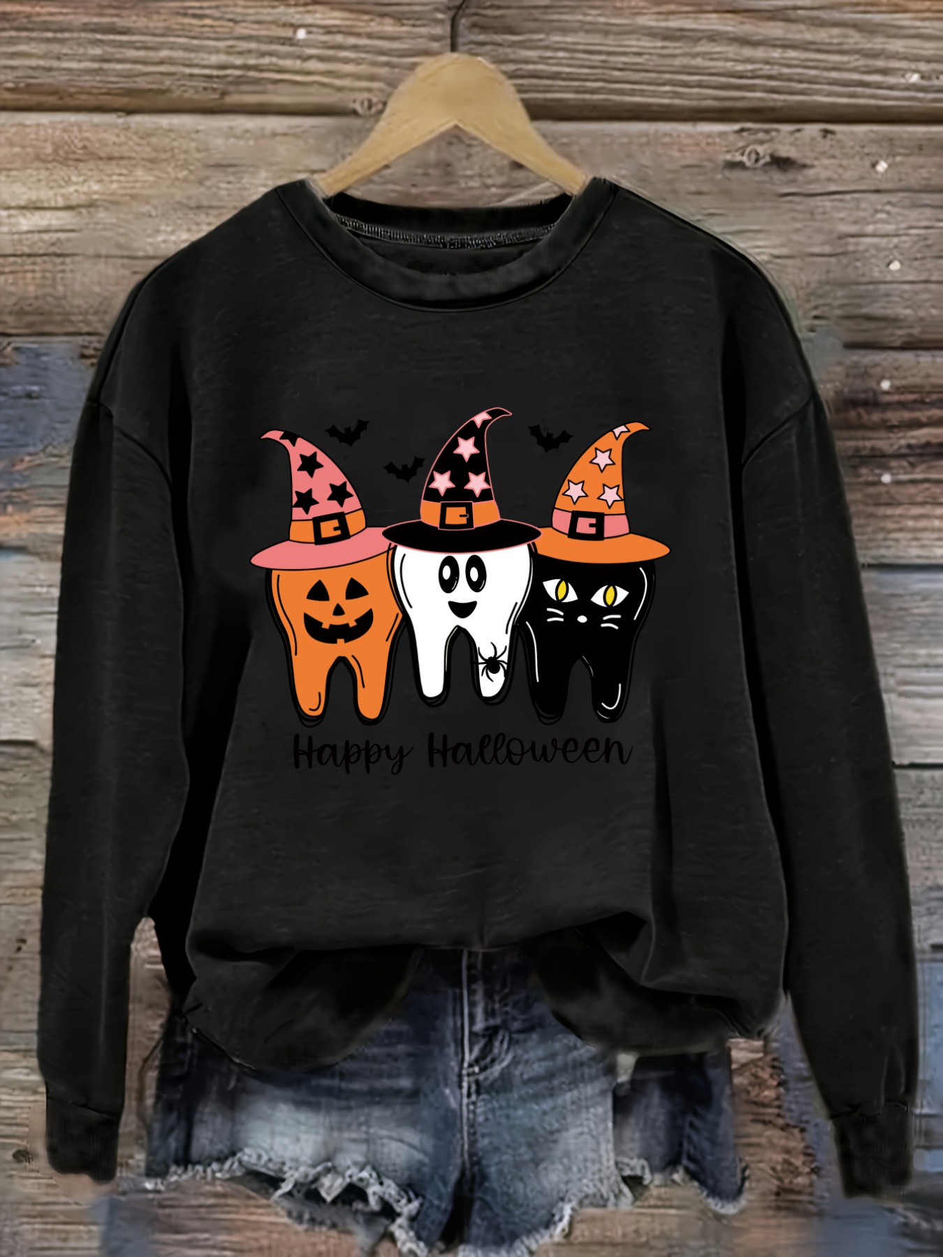 Winter Clothing For - เสื้อยืดแขนยาวคอกลมลำลองสำหรับผู้หญิง ลายหมวกแม่มดฟันฮาโลวีน, เสื้อผ้าผู้หญิงคอกลม, ซักเครื่องได้, ยืดหยุ่นเล็กน้อย, ทรงหลวม,