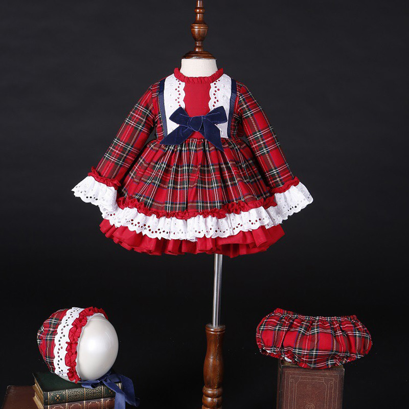 Winter Clothing For Kids - เด็กผู้หญิงฤดูใบไม้ร่วงฤดูหนาวคริสต์มาสลายสก๊อตสีแดงวินเทจสเปนปอมปอมบอลชุดเจ้าหญิงผ้าฝ้ายโลลิต้าเสื้อผ้าปาร์ตี้หมวกกางเกง C5