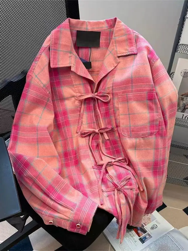 Winter Clothing Vintage - Y2kอเมริกันVINTAGEสีชมพูลายสก๊อตเสื้อผู้หญิงแฟชั่นฤดูร้อนใหม่LapelคอBlusas De Mujer 2025 หลวมเสื้อแขนยาว